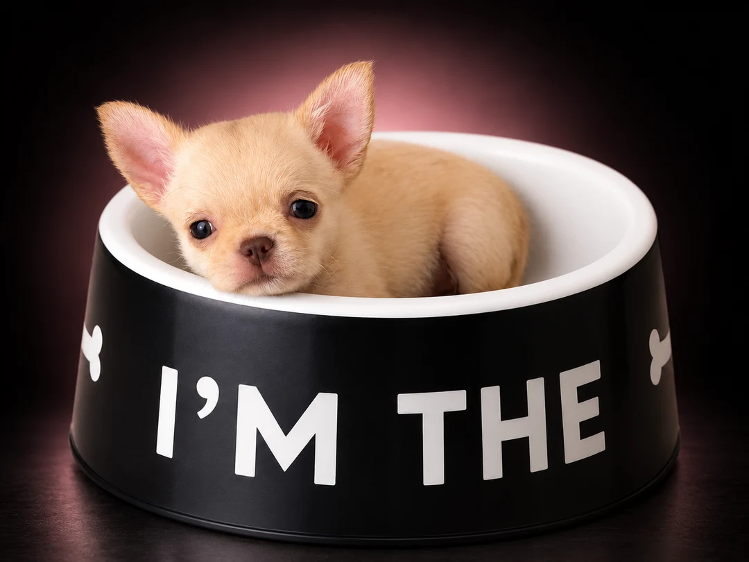 Un cucciolo di Chihuahua color crema riposa dentro una ciotola
