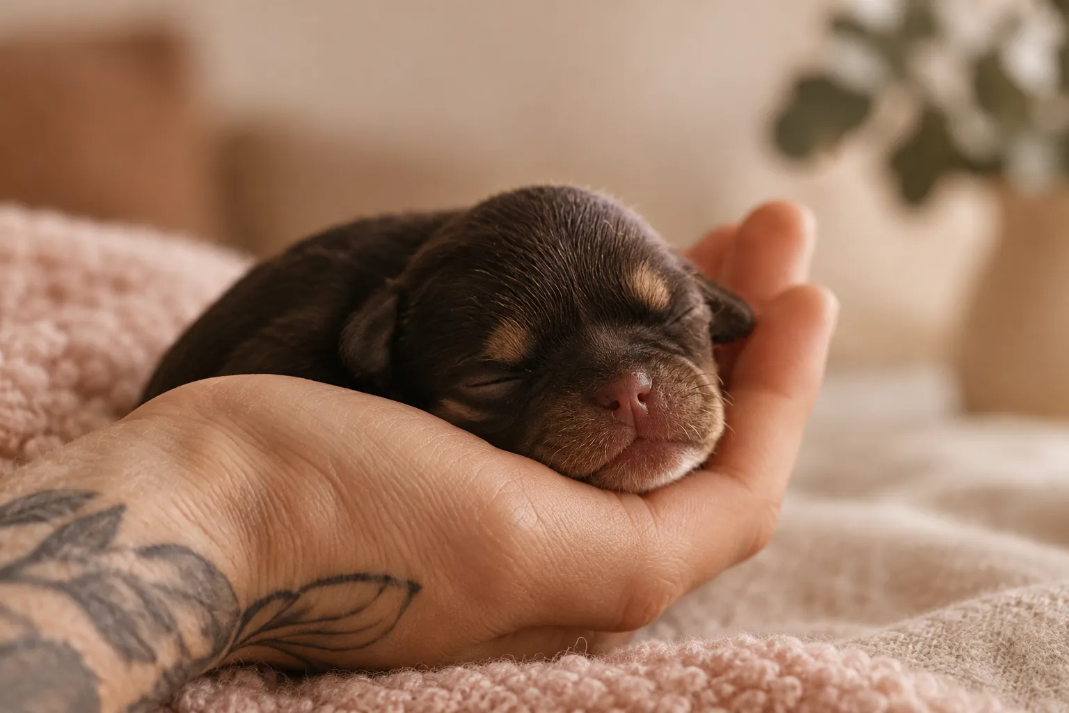 Primo piano di un cucciolo di Chihuahua tenuto con cura mentre viene osservato in un ambiente domestico