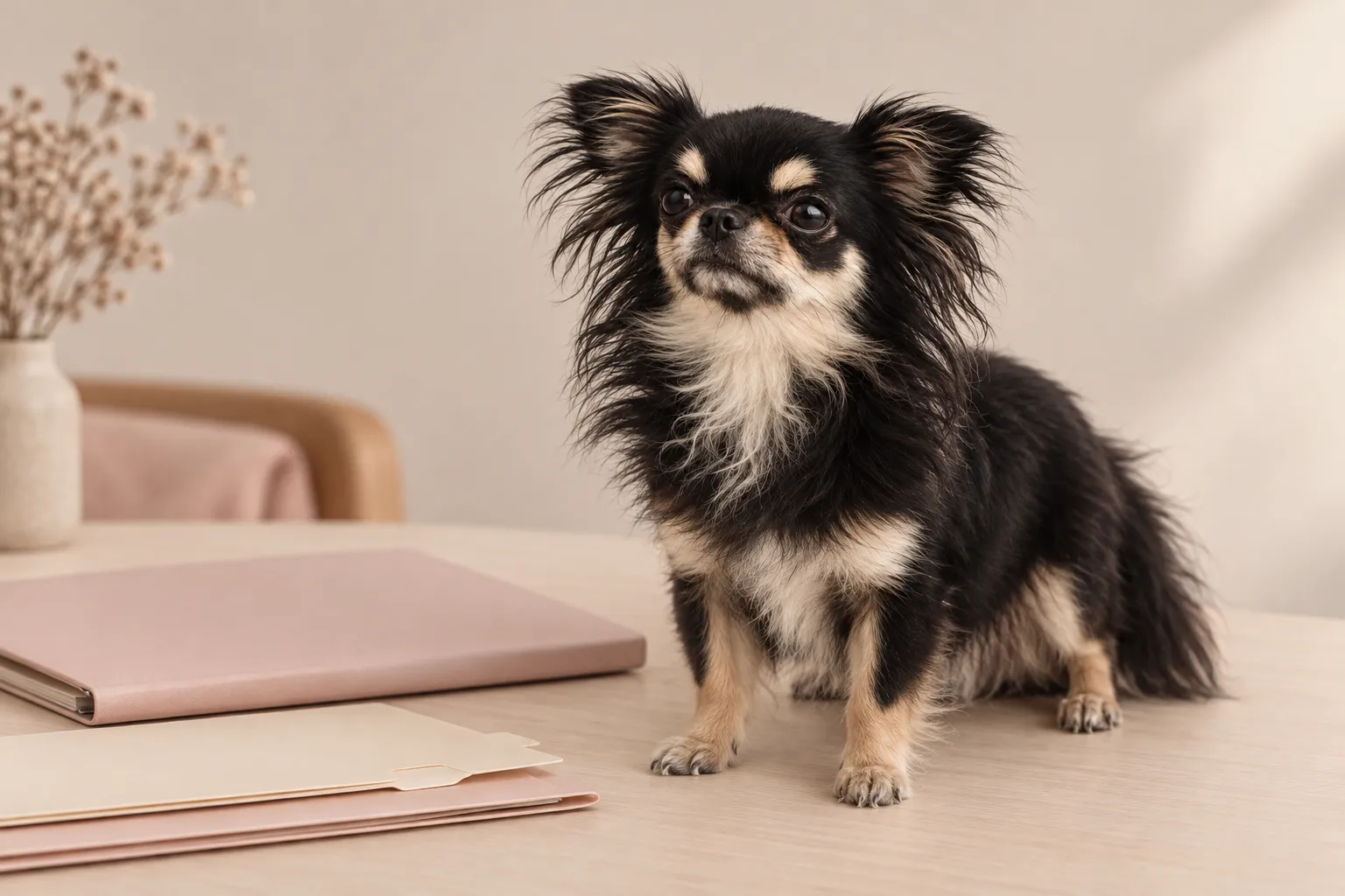 Dettaglio del mantello di un Chihuahua adulto e documenti di selezione sul tavolo