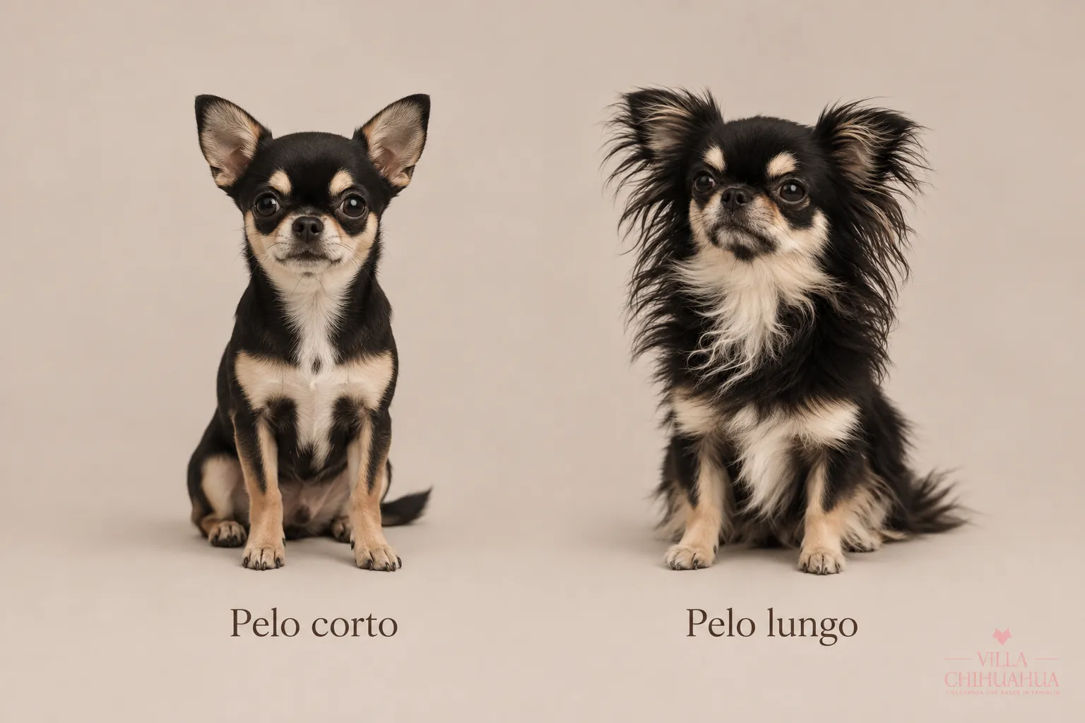 Confronto visivo tra un Chihuahua a pelo corto e uno a pelo lungo