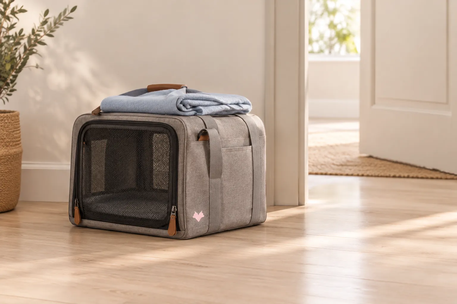 Trasportino da viaggio con una coperta piegata accanto a una porta aperta