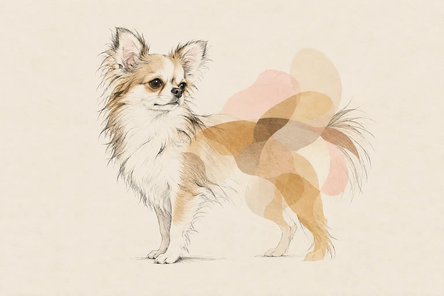 Illustrazione di un chihuahua a pelo lungo circondato da forme morbide che si sovrappongono
