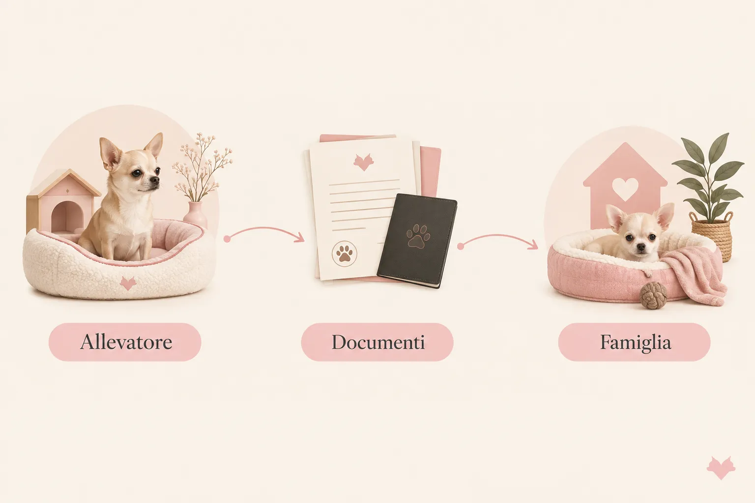 Schema del percorso tra allevatore, cucciolo e famiglia, dalla verifica dei documenti all’affidamento