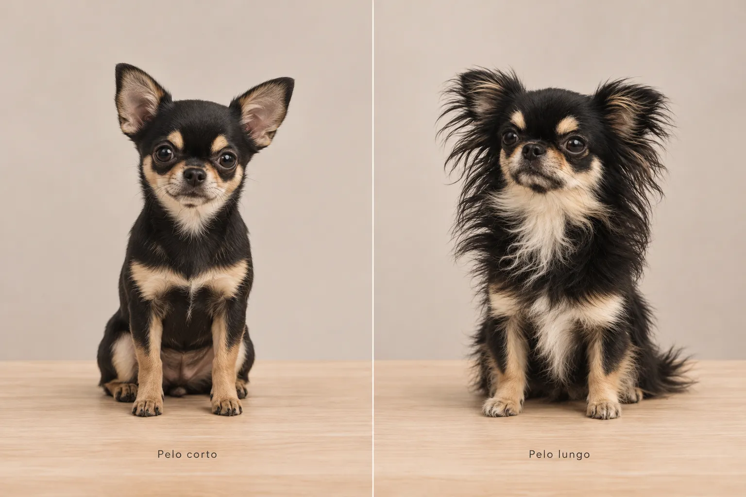 Due Chihuahua a confronto, uno a pelo corto e uno a pelo lungo