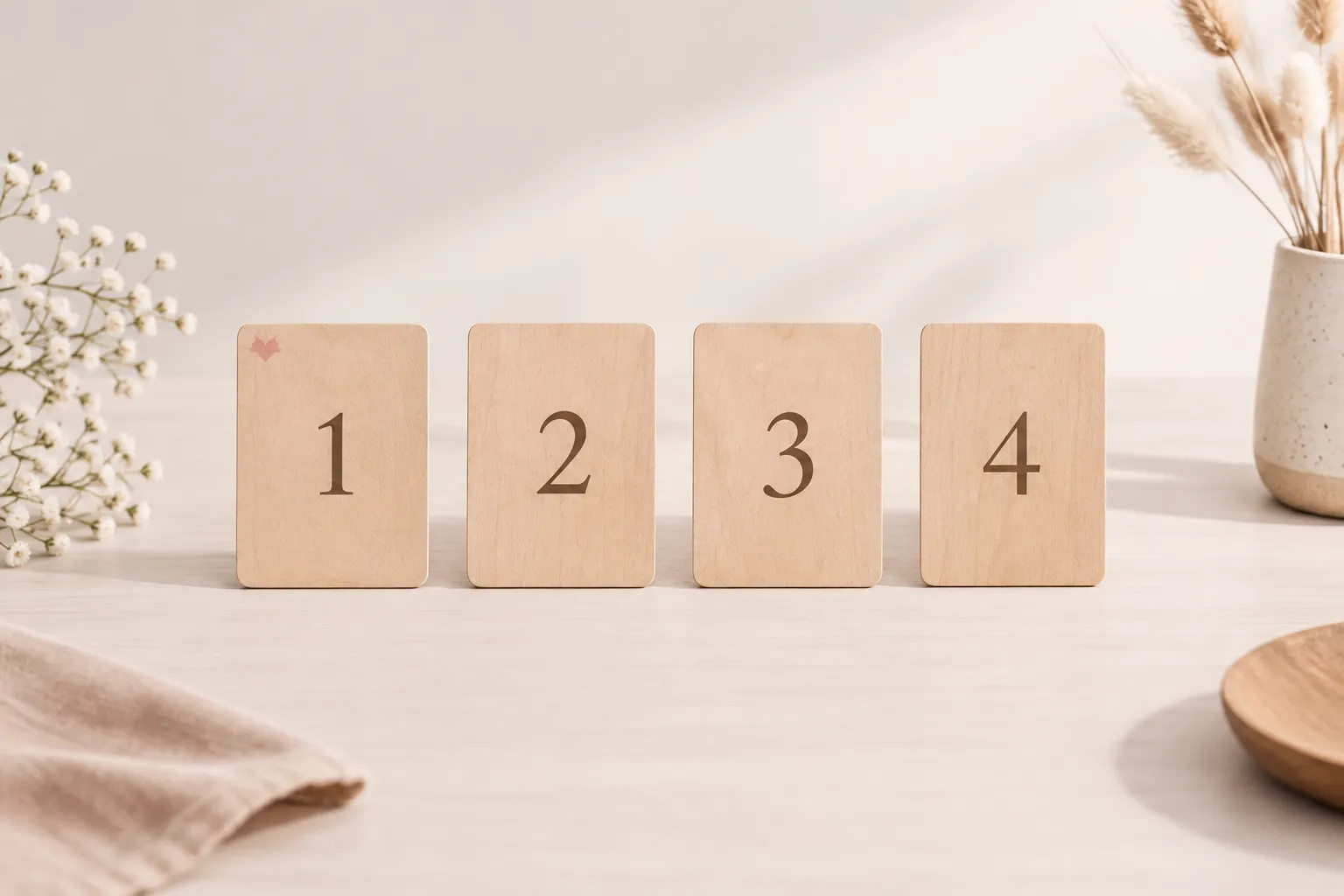 Quattro cartoncini numerati in sequenza, con un piccolo marchio in un angolo