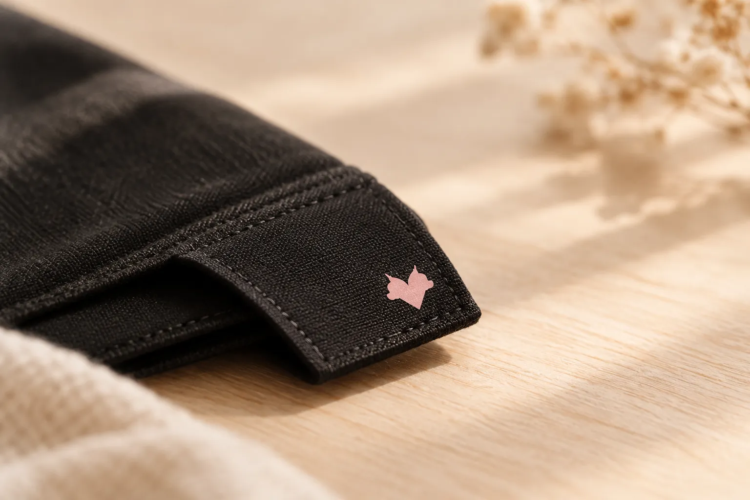 Dettaglio di un'etichetta in tessuto nero con un piccolo emblema rosa