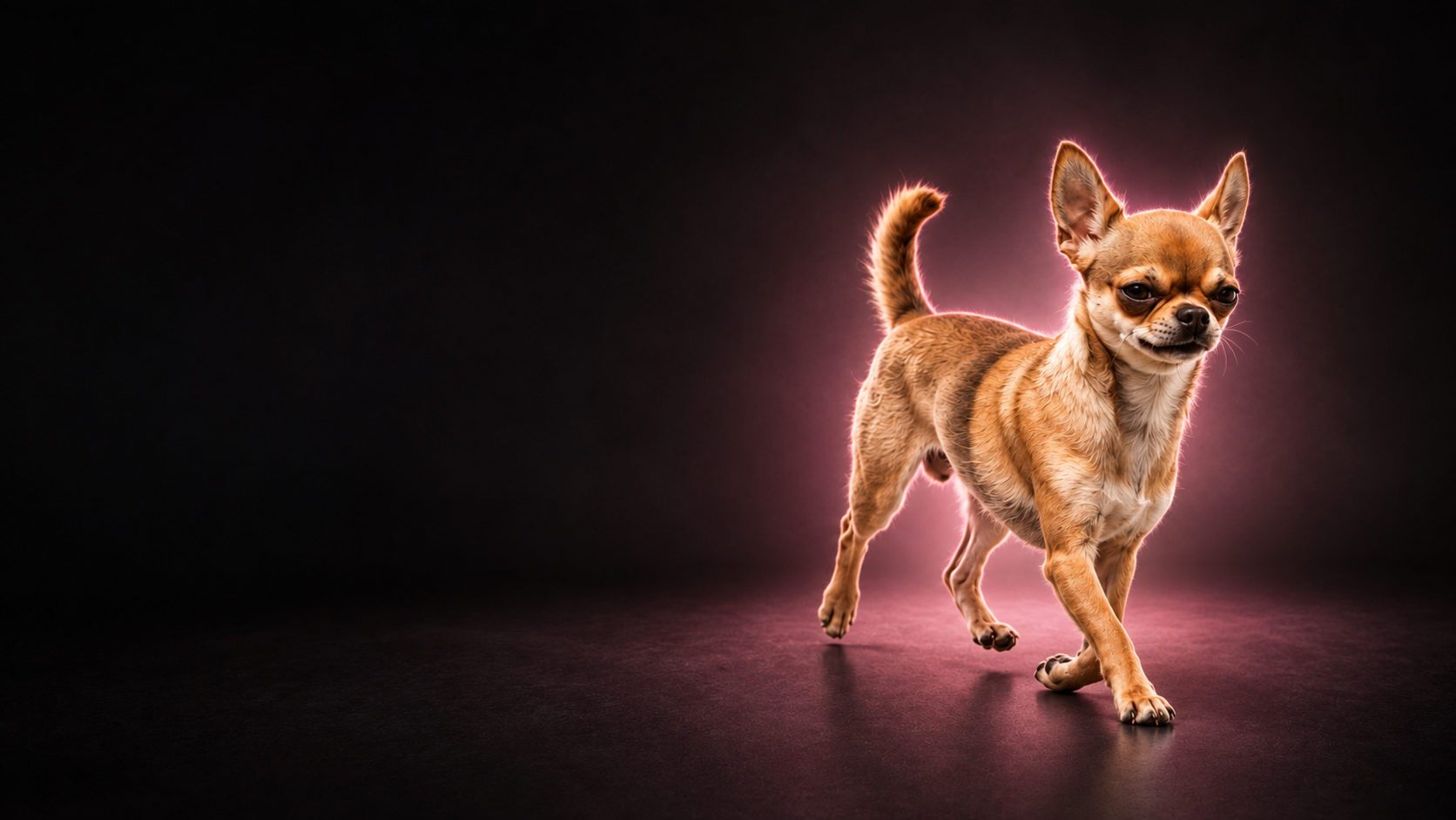 Cesare, Chihuahua color fulvo illuminato da una luce rosa su fondo nero