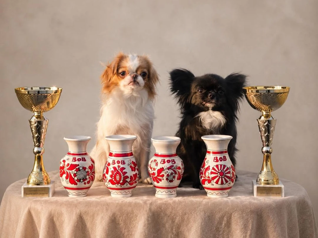 Due Chihuahua posano accanto ai trofei ottenuti nelle esposizioni