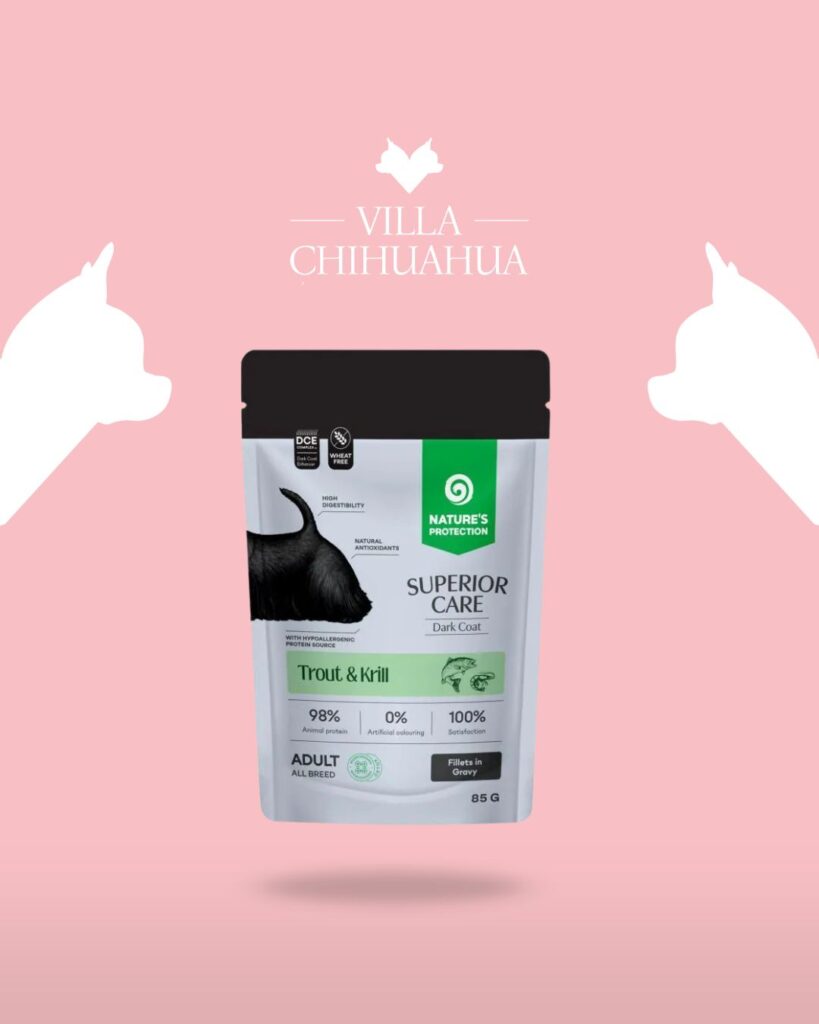 cibo umido grain free per cani adulti con manto nero e scuro trota e krill, nuove pouch nature's protection