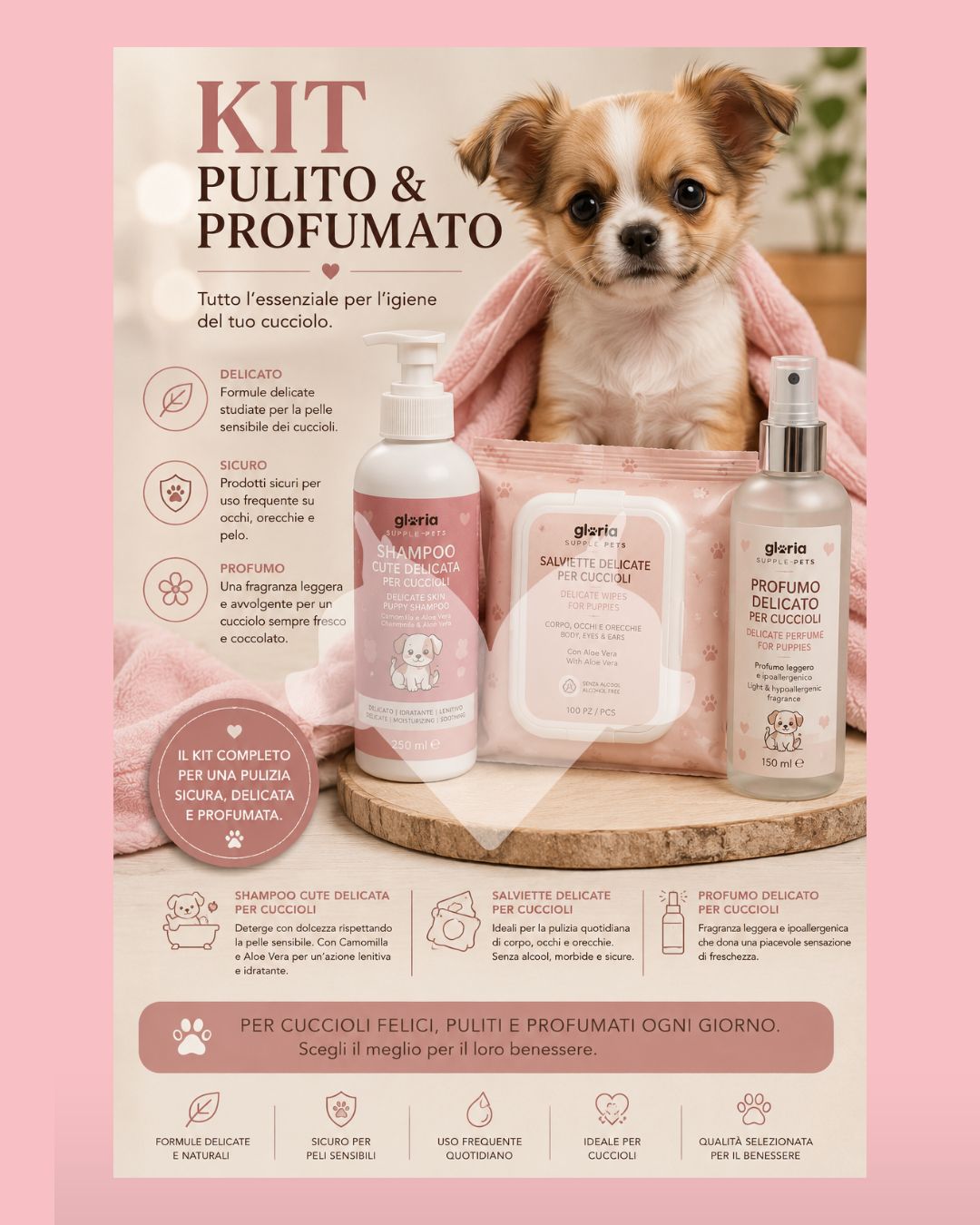 KIT Pulito & Profumato per Cuccioli – Shampoo, Salviette e Profumo Delicato