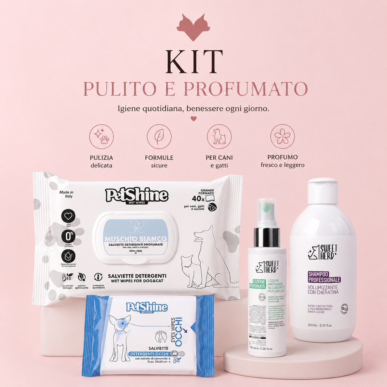 KIT Pulito & Profumato per Cuccioli e adulti – Shampoo, Salviette e Profumo Delicato